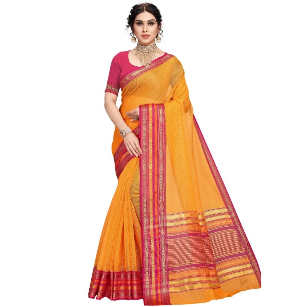 Women'S Kota Doria Cotton Bordered Saree With Blouse (Gold, 5