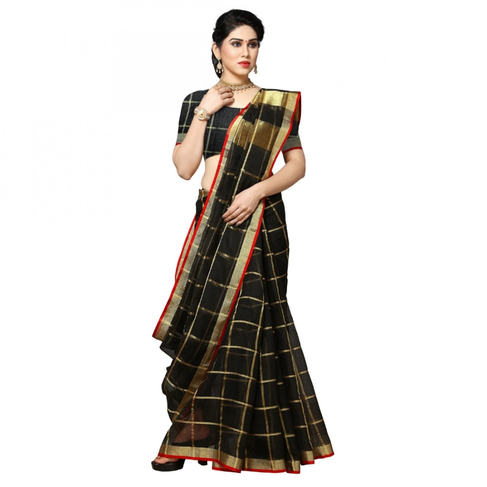 Women's Kota Doria Cotton Checked Saree With Blouse (Black, 5-6 Mtrs) - VANSHELLE