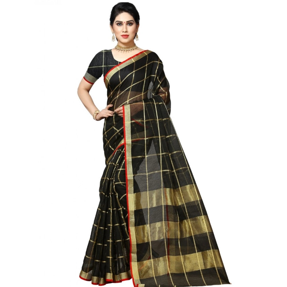 Women's Kota Doria Cotton Checked Saree With Blouse (Black, 5-6 Mtrs) - VANSHELLE