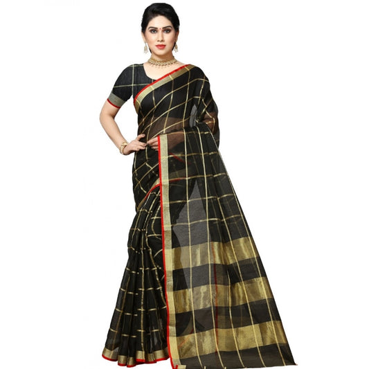 Women's Kota Doria Cotton Checked Saree With Blouse (Black, 5-6 Mtrs) - VANSHELLE