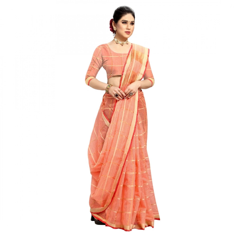 Women'S Kota Doria Cotton Checked Saree With Blouse (Peach, 5