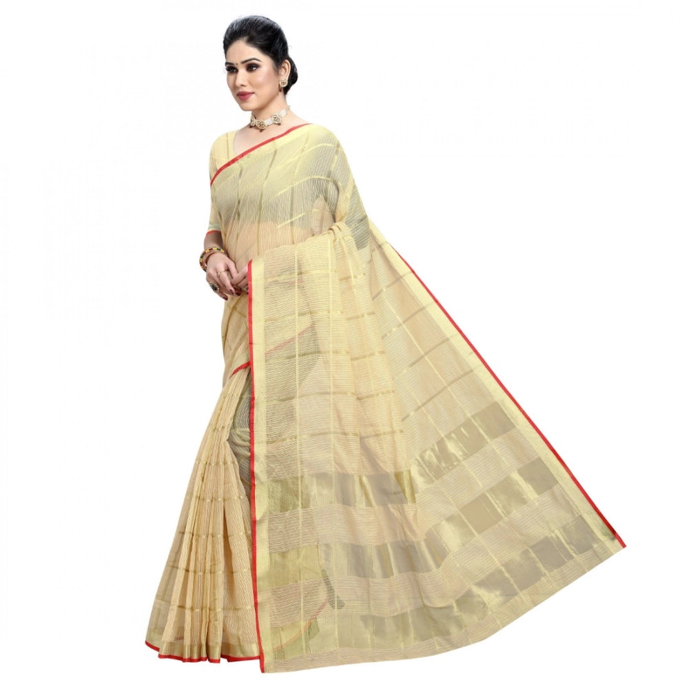 Women's Kota Doria Cotton Checked Saree With Blouse (Beige, 5-6 Mtrs) - VANSHELLE