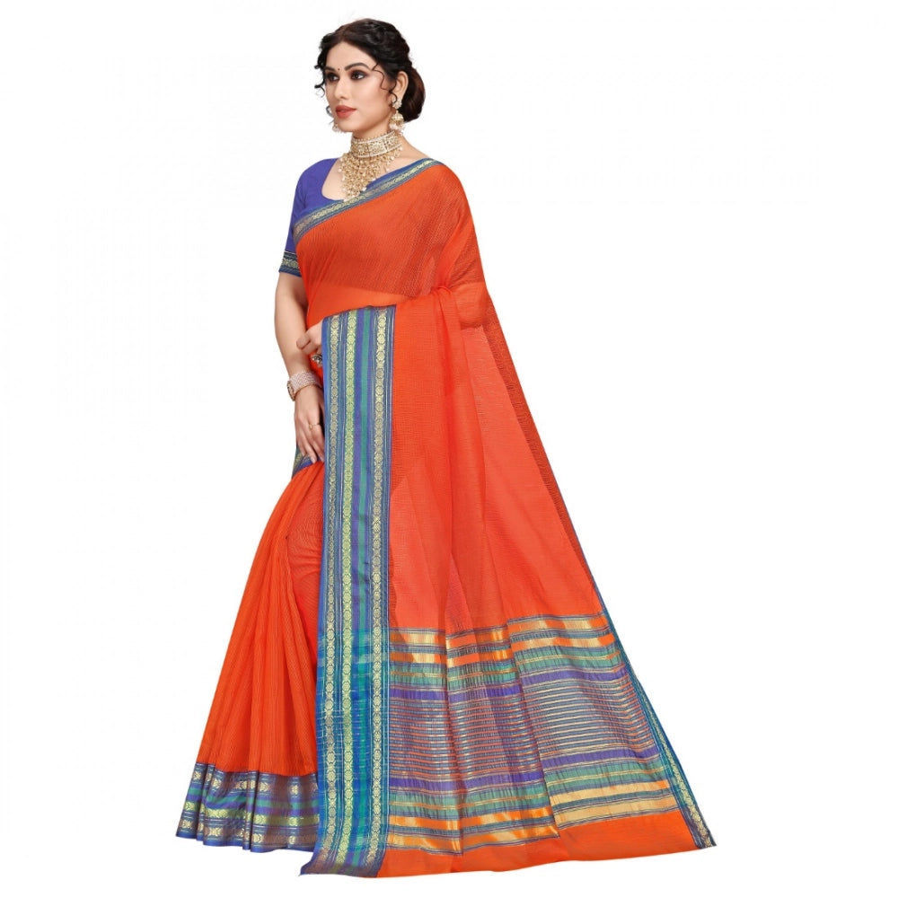 Women'S Kota Doria Cotton Bordered Saree With Blouse (Fanta, 5