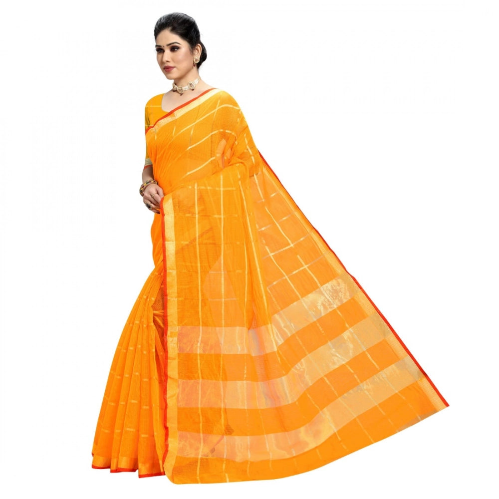 Women'S Kota Doria Cotton Checked Saree With Blouse (Yellow, 5