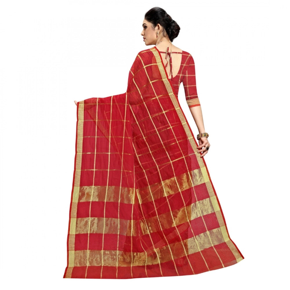 Women'S Kota Doria Cotton Checked Saree With Blouse (Red, 5-6