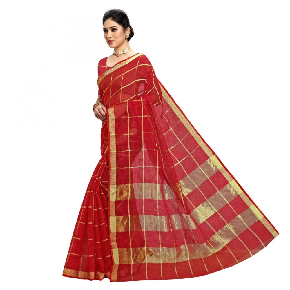 Women'S Kota Doria Cotton Checked Saree With Blouse (Red, 5-6