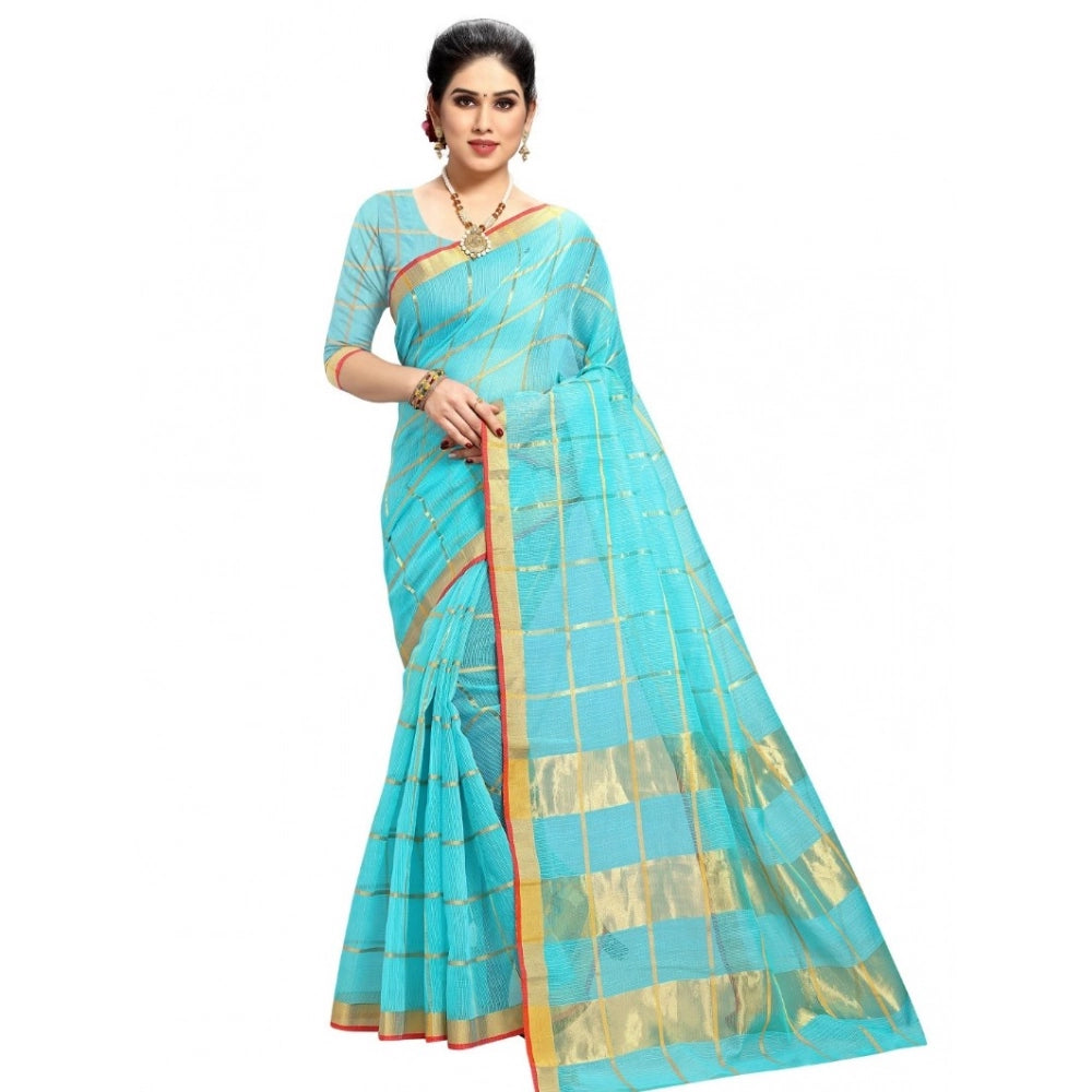 Women'S Kota Doria Cotton Checked Saree With Blouse (Sky Blue,