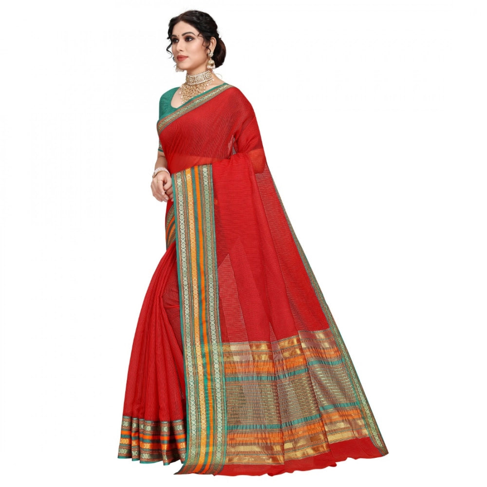 Women'S Kota Doria Cotton Bordered Saree With Blouse (Red, 5-6