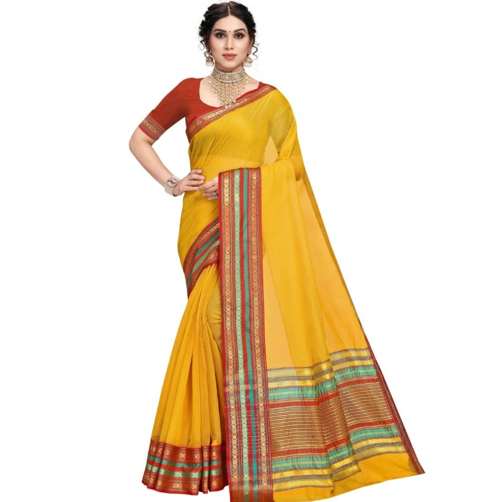 Women'S Kota Doria Cotton Bordered Saree With Blouse (Yellow,