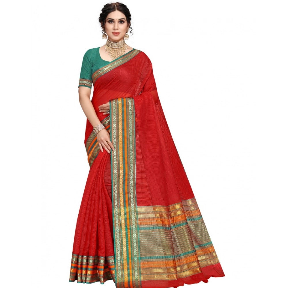 Women'S Kota Doria Cotton Bordered Saree With Blouse (Red, 5-6