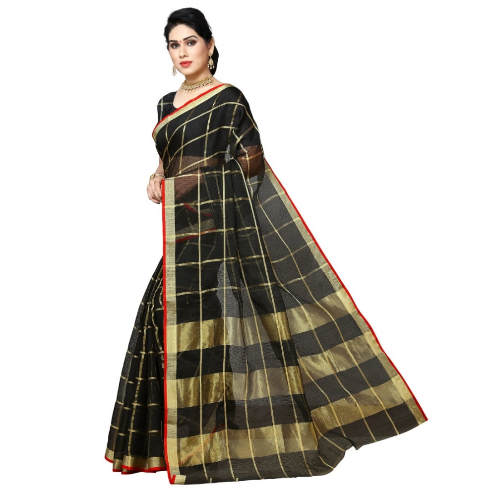 Women's Kota Doria Cotton Checked Saree With Blouse (Black, 5-6 Mtrs) - VANSHELLE