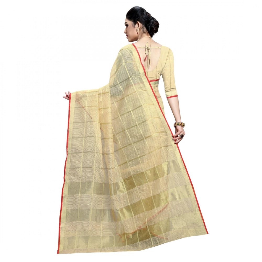 Women's Kota Doria Cotton Checked Saree With Blouse (Beige, 5-6 Mtrs) - VANSHELLE