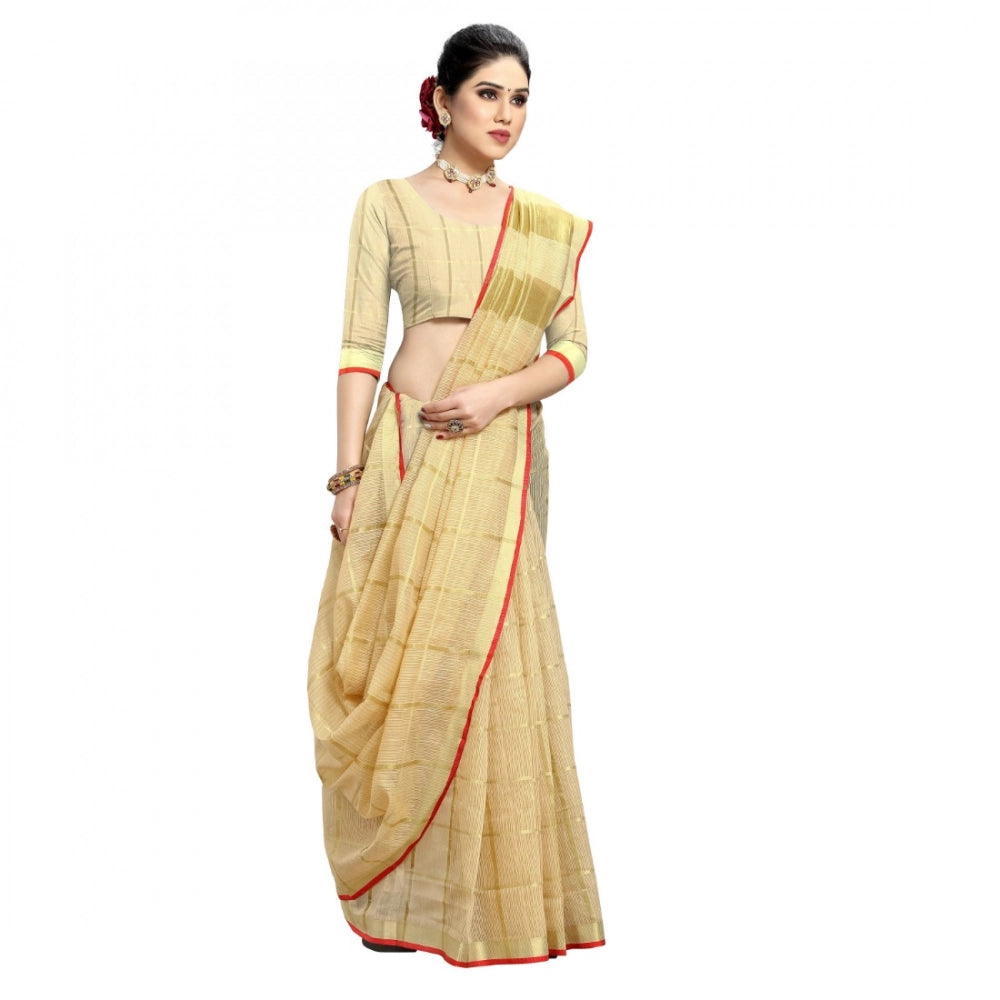 Women's Kota Doria Cotton Checked Saree With Blouse (Beige, 5-6 Mtrs) - VANSHELLE
