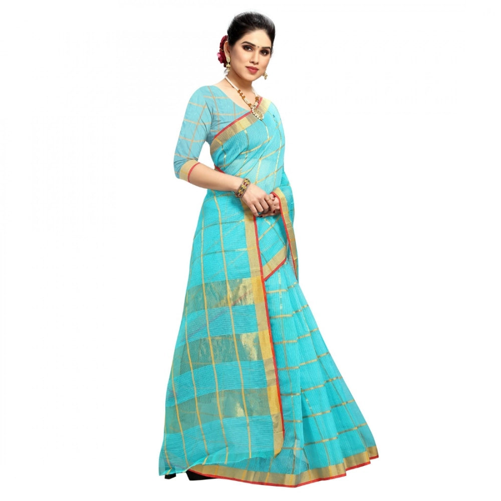 Women'S Kota Doria Cotton Checked Saree With Blouse (Sky Blue,