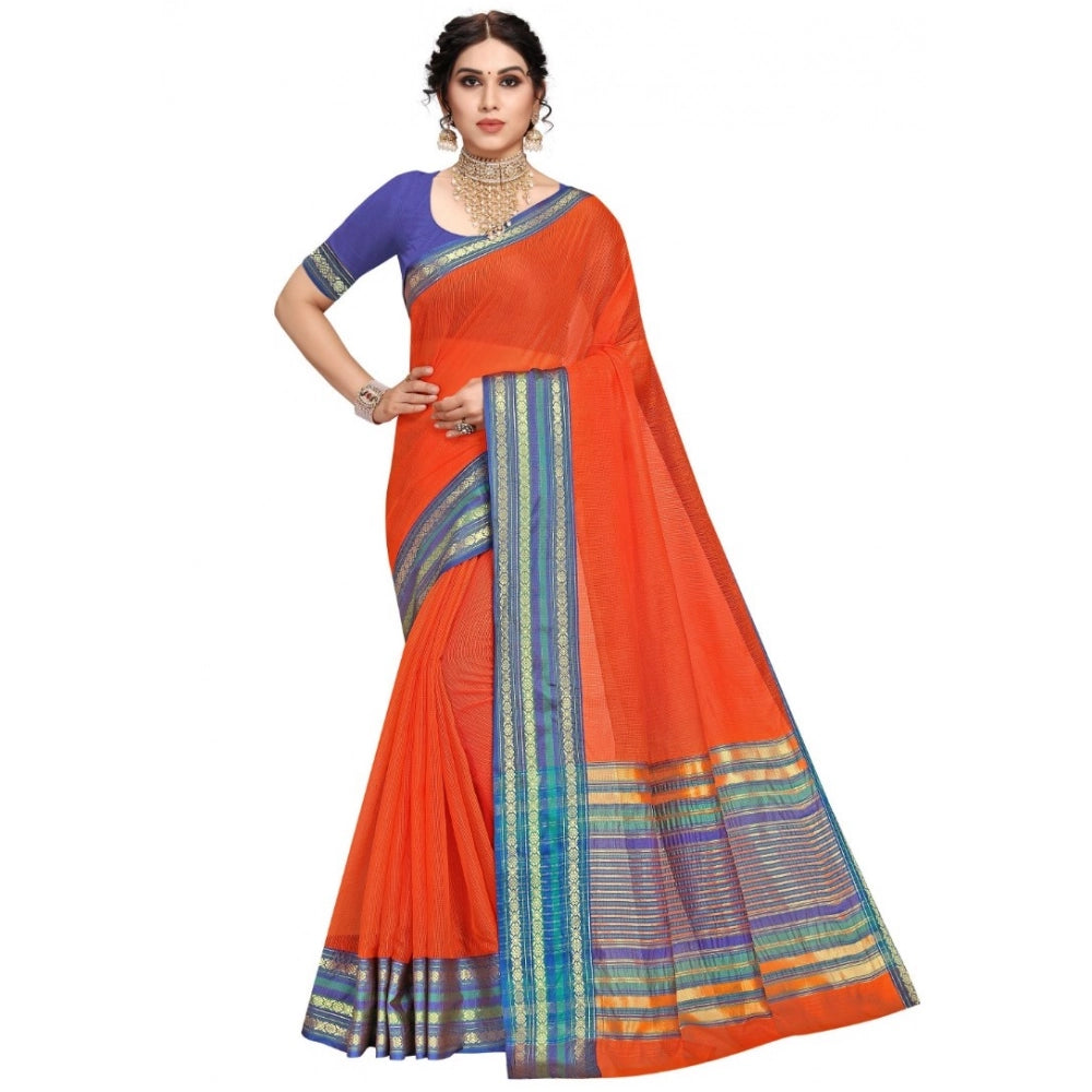 Women'S Kota Doria Cotton Bordered Saree With Blouse (Fanta, 5