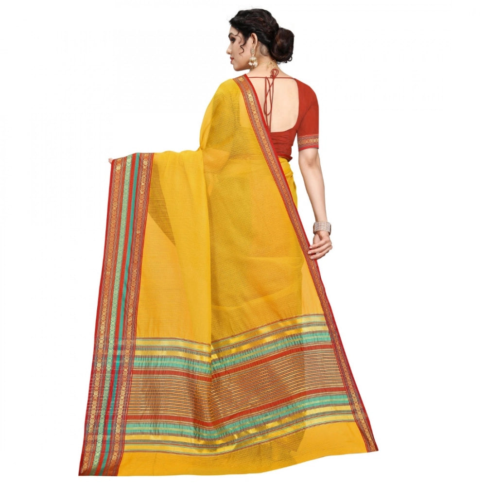 Women'S Kota Doria Cotton Bordered Saree With Blouse (Yellow,