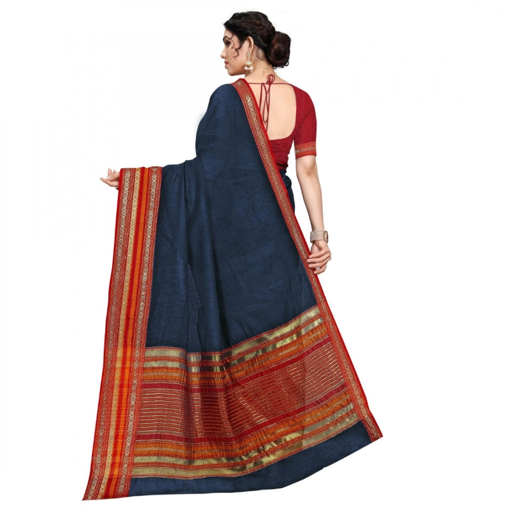 Women'S Kota Doria Cotton Bordered Saree With Blouse (Navy Blu