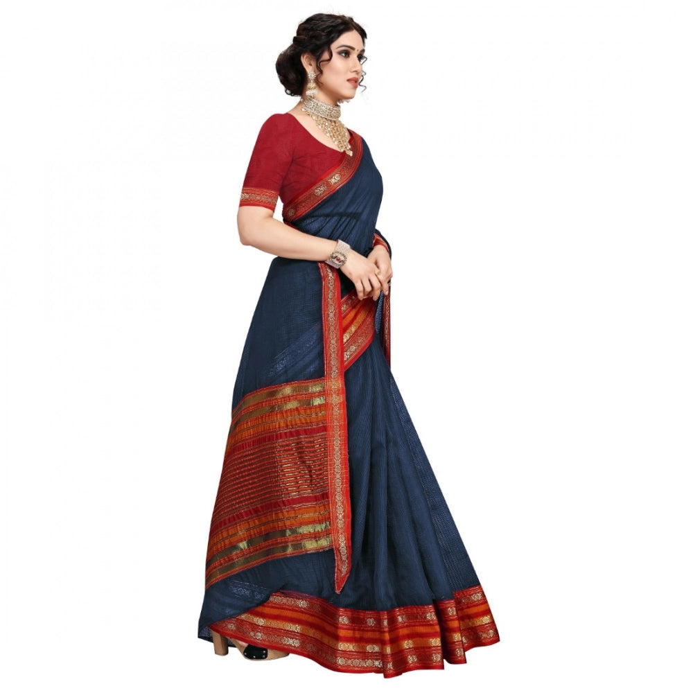 Women'S Kota Doria Cotton Bordered Saree With Blouse (Navy Blu