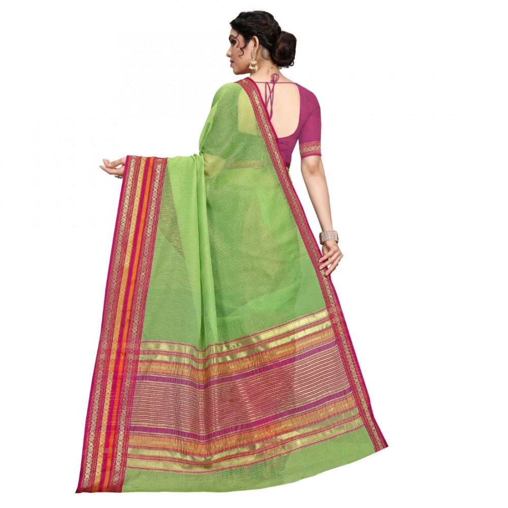 Women'S Kota Doria Cotton Bordered Saree With Blouse (Light Gr