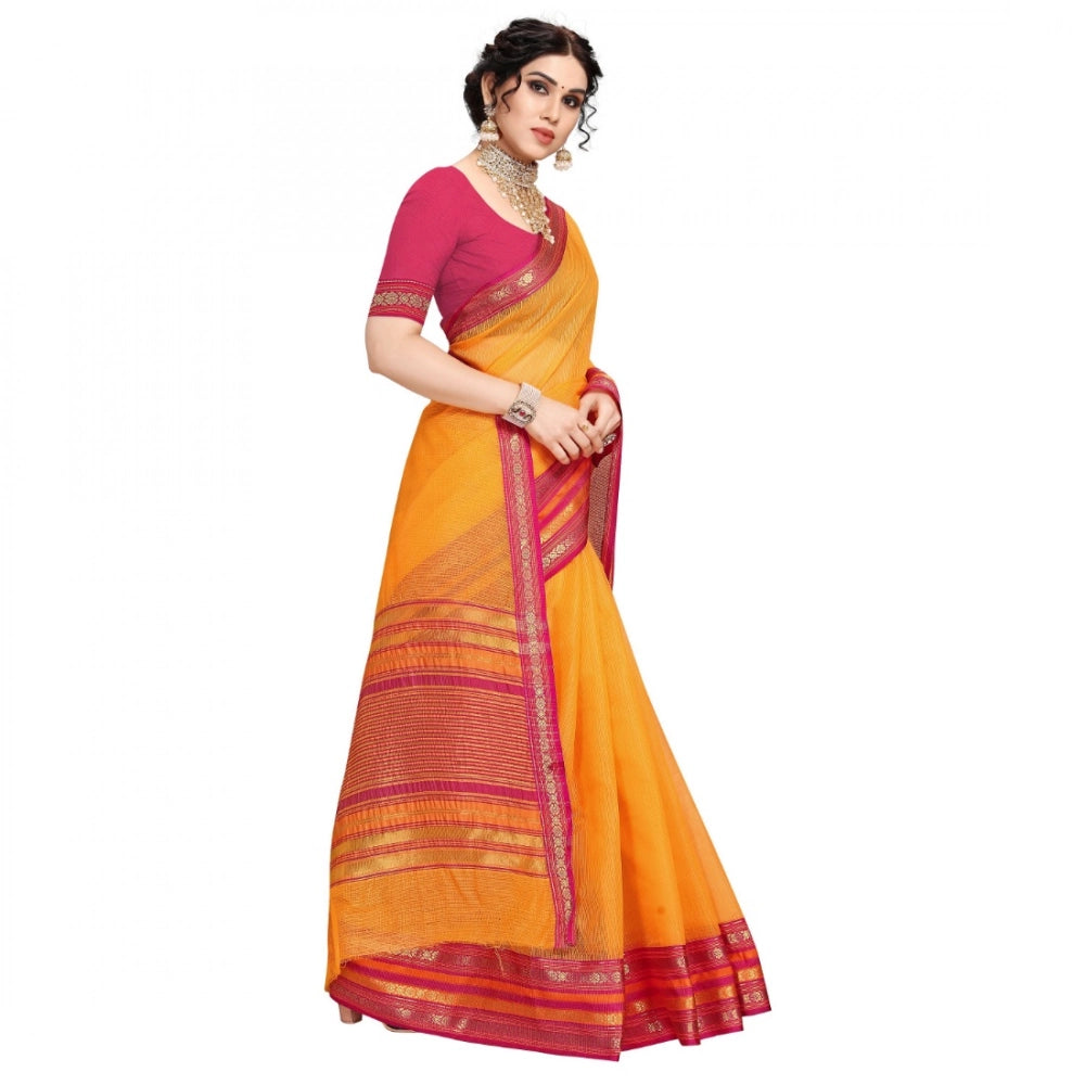 Women'S Kota Doria Cotton Bordered Saree With Blouse (Gold, 5