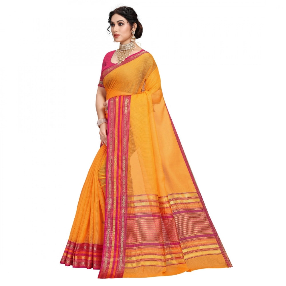 Women'S Kota Doria Cotton Bordered Saree With Blouse (Gold, 5