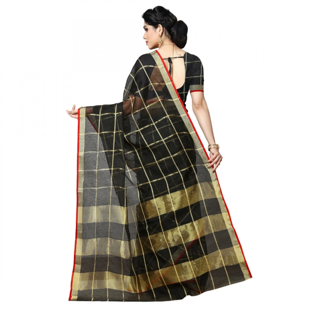 Women's Kota Doria Cotton Checked Saree With Blouse (Black, 5-6 Mtrs) - VANSHELLE