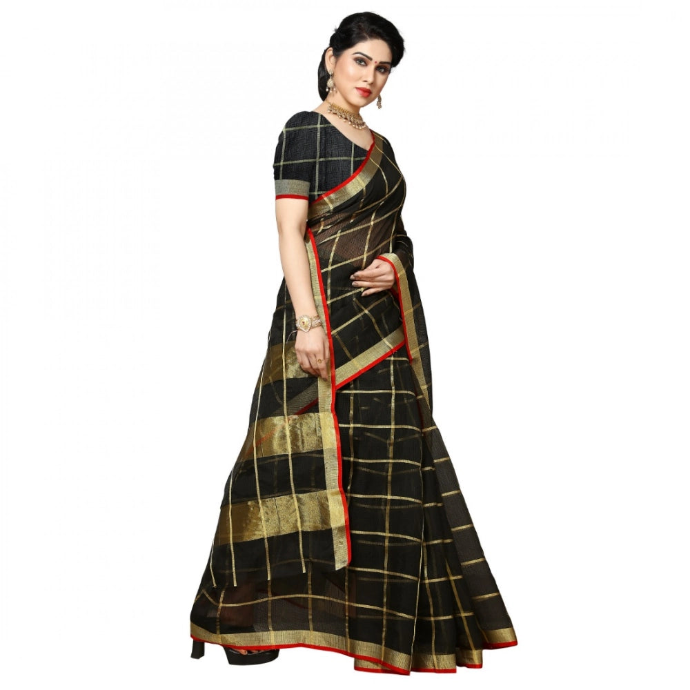 Women's Kota Doria Cotton Checked Saree With Blouse (Black, 5-6 Mtrs) - VANSHELLE