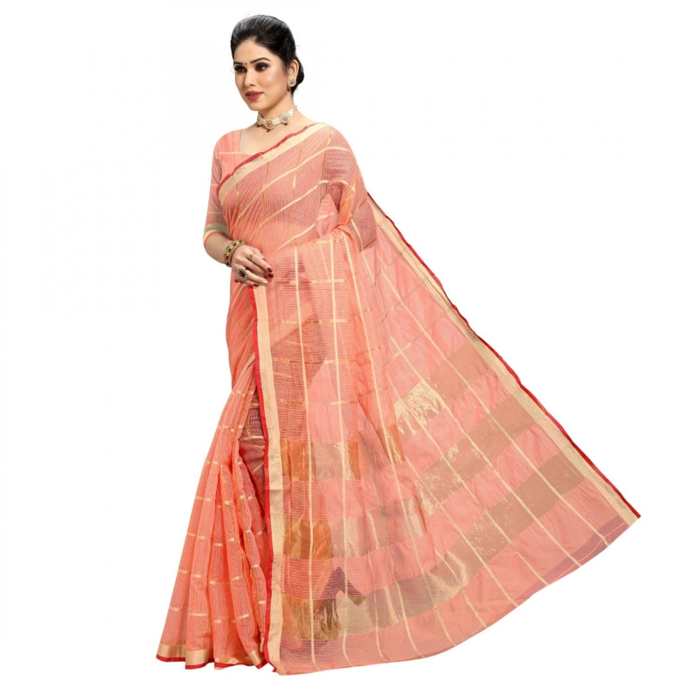 Women'S Kota Doria Cotton Checked Saree With Blouse (Peach, 5