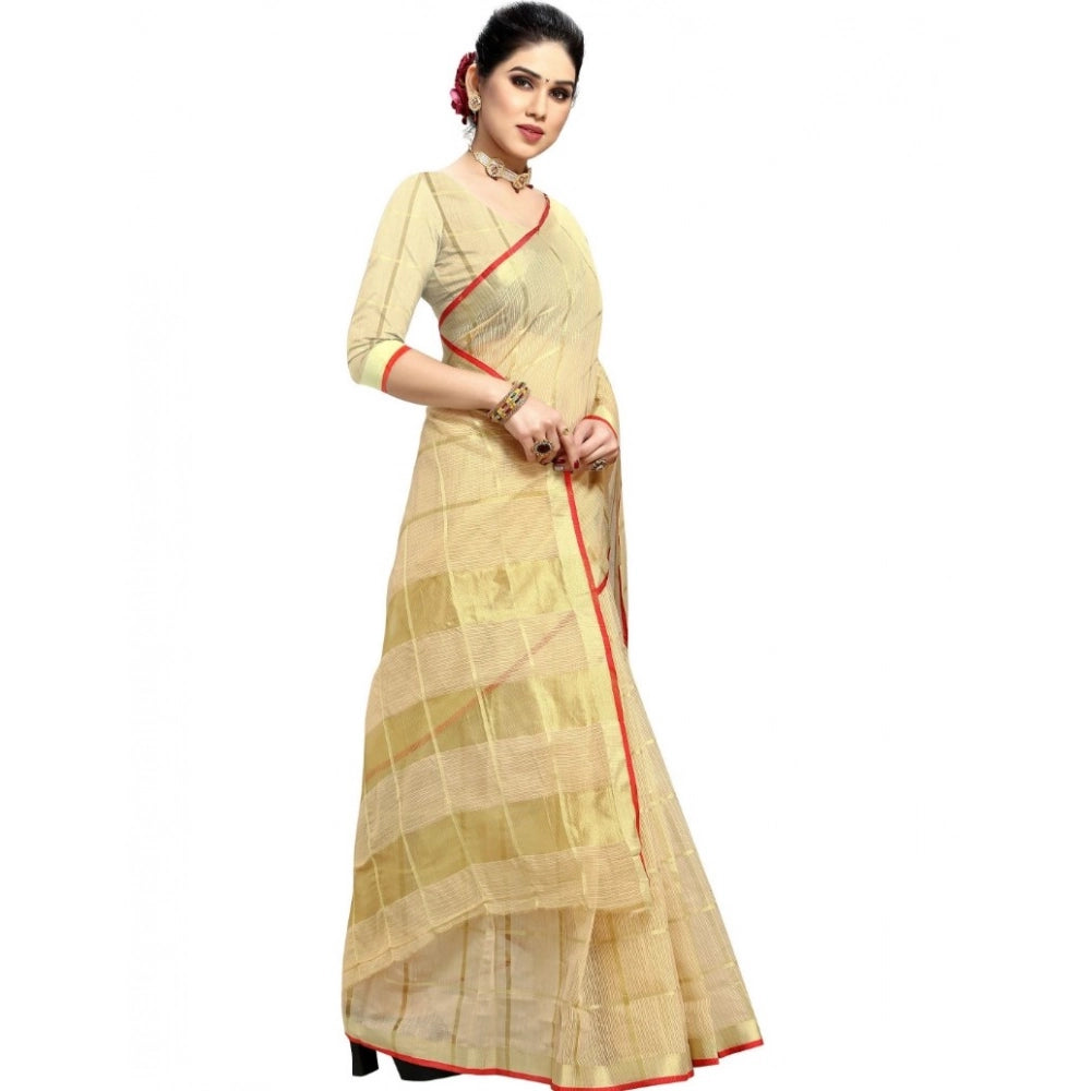 Women's Kota Doria Cotton Checked Saree With Blouse (Beige, 5-6 Mtrs) - VANSHELLE