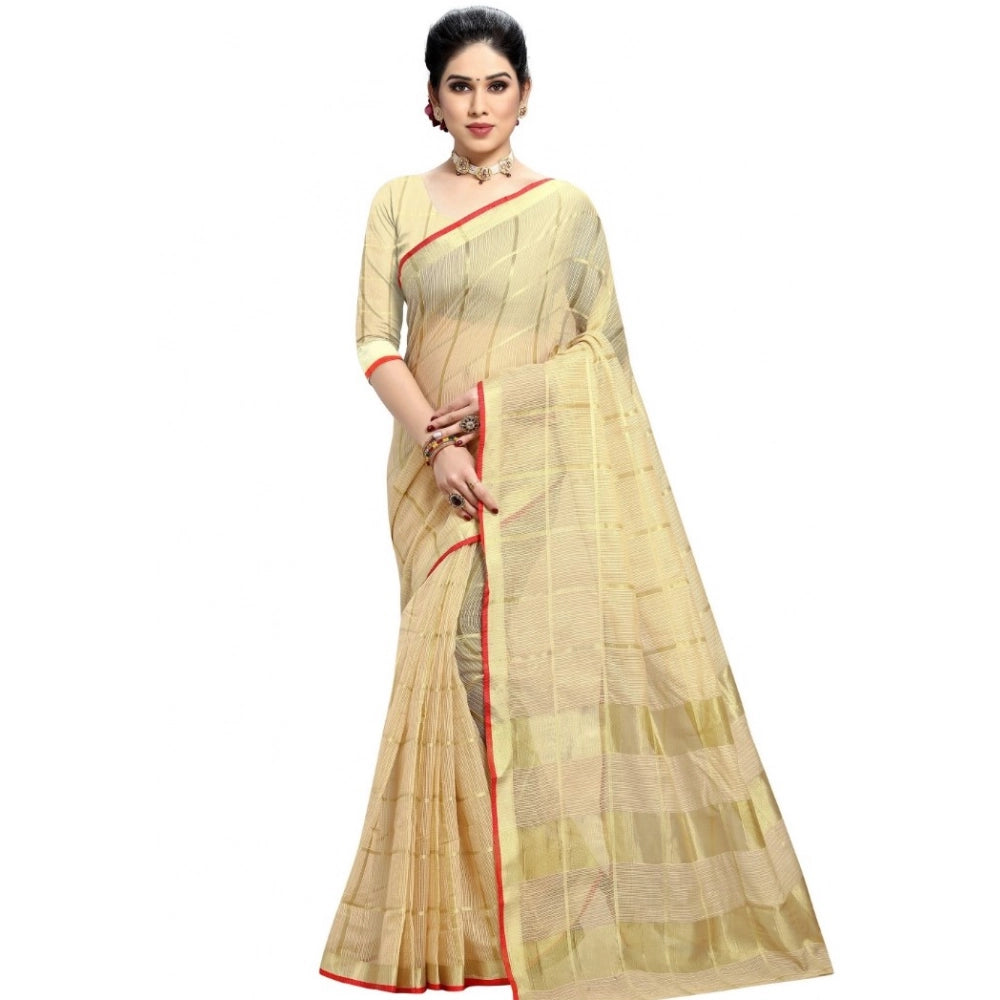Women's Kota Doria Cotton Checked Saree With Blouse (Beige, 5-6 Mtrs) - VANSHELLE