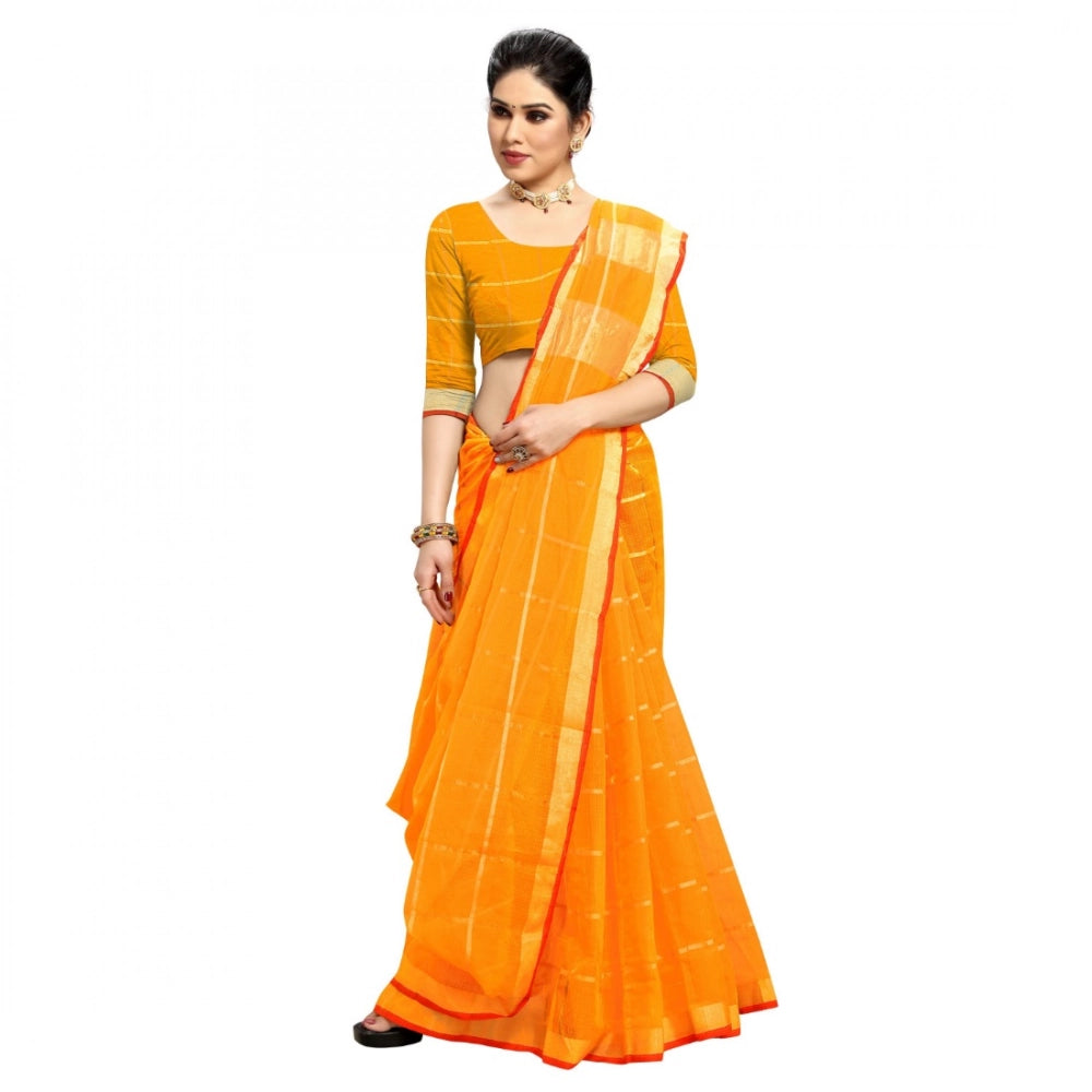 Women'S Kota Doria Cotton Checked Saree With Blouse (Yellow, 5