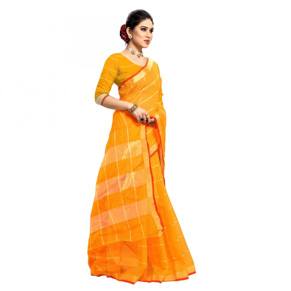 Women'S Kota Doria Cotton Checked Saree With Blouse (Yellow, 5