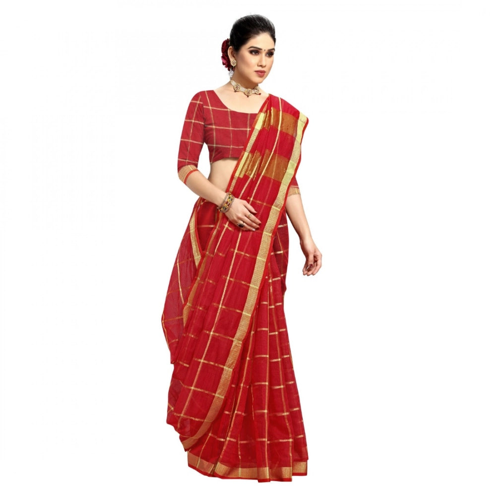Women'S Kota Doria Cotton Checked Saree With Blouse (Red, 5-6