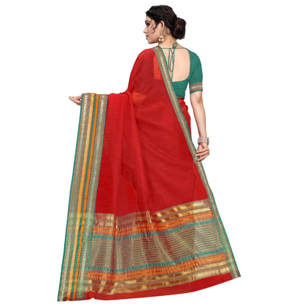 Women'S Kota Doria Cotton Bordered Saree With Blouse (Red, 5-6