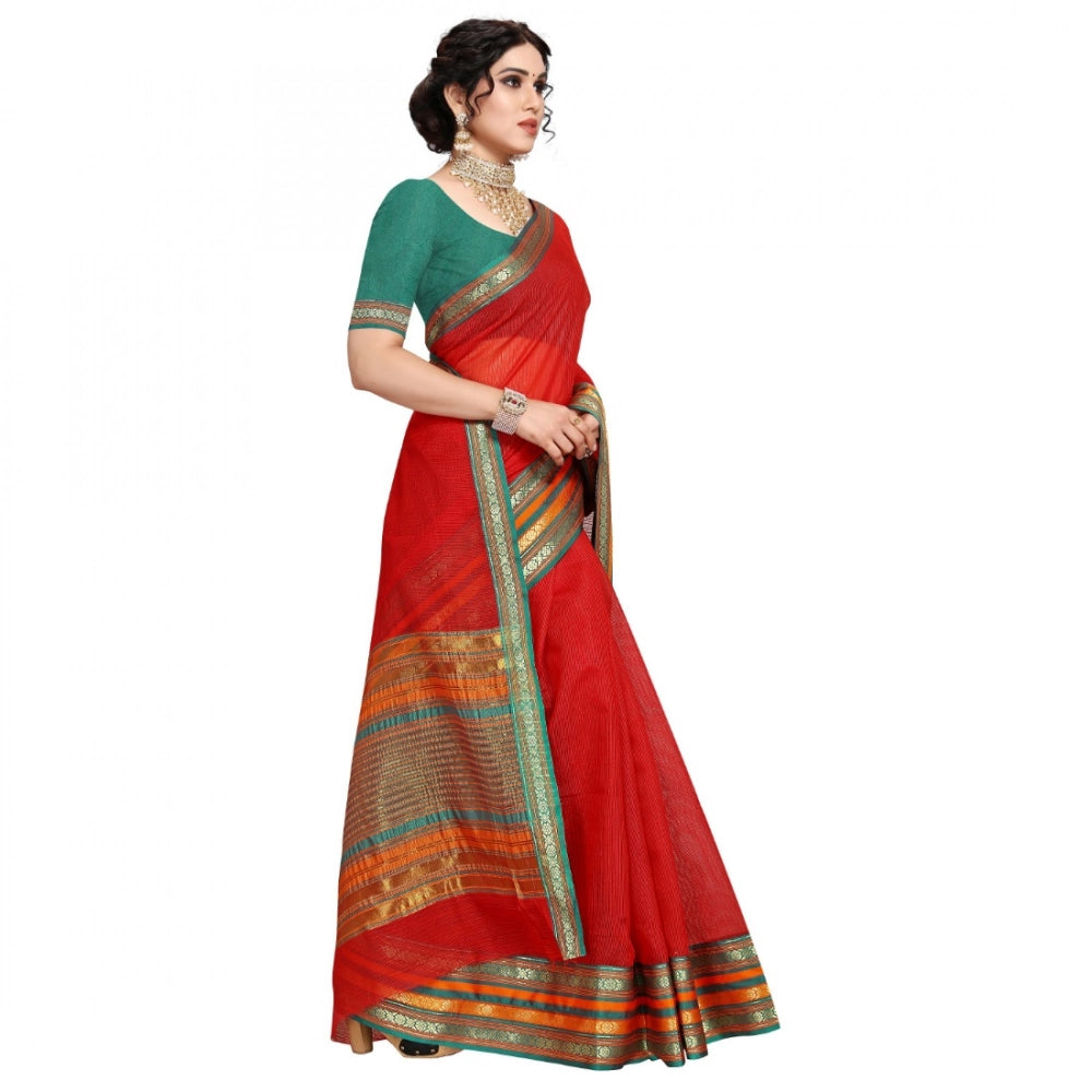 Women'S Kota Doria Cotton Bordered Saree With Blouse (Red, 5-6