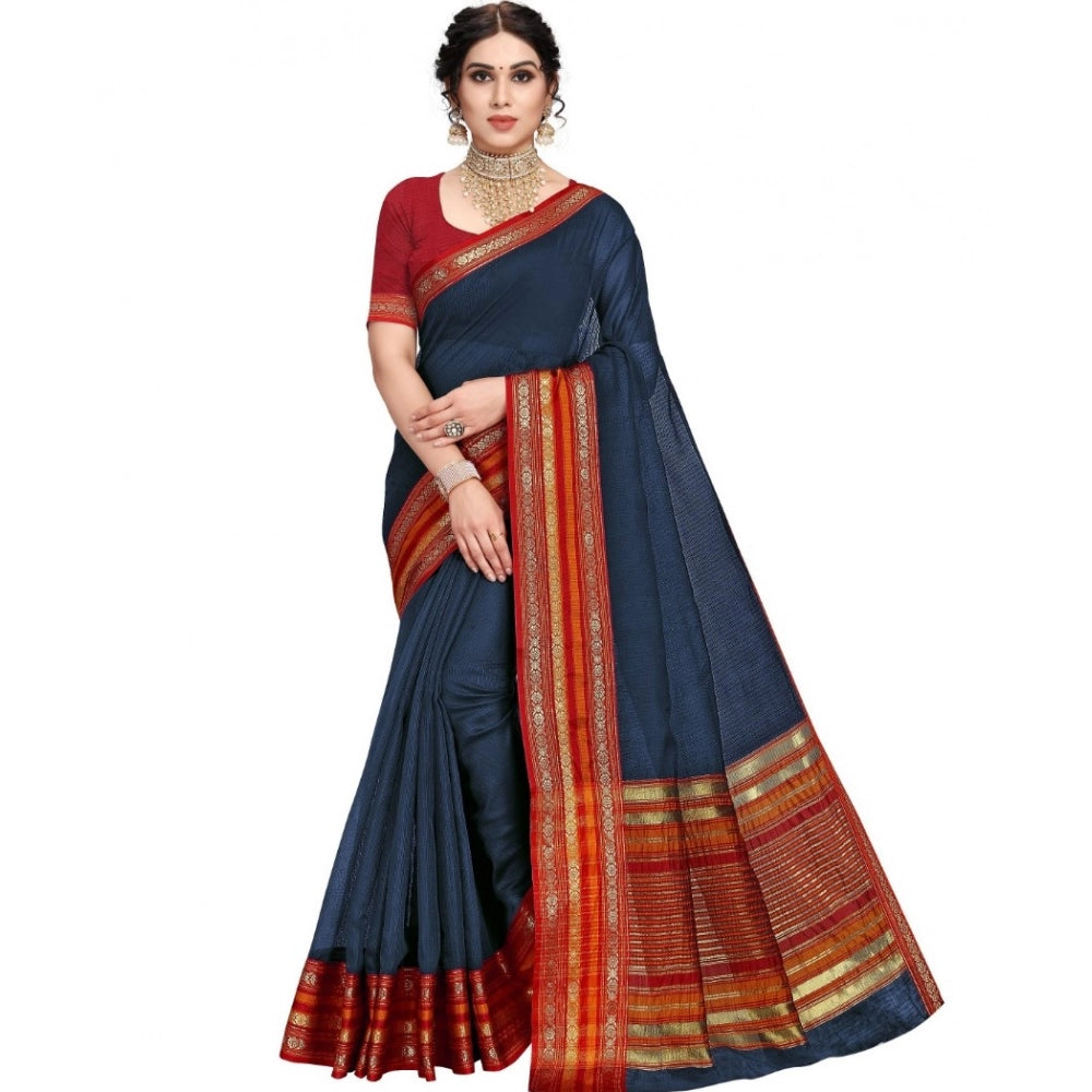 Women'S Kota Doria Cotton Bordered Saree With Blouse (Navy Blu