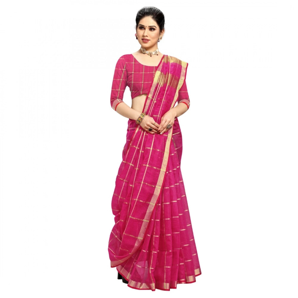 Women'S Kota Doria Cotton Checked Saree With Blouse (Rani, 5-6