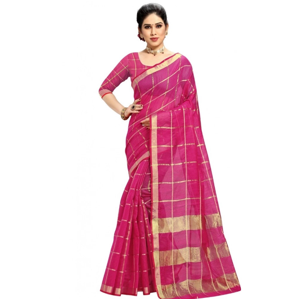 Women'S Kota Doria Cotton Checked Saree With Blouse (Rani, 5-6