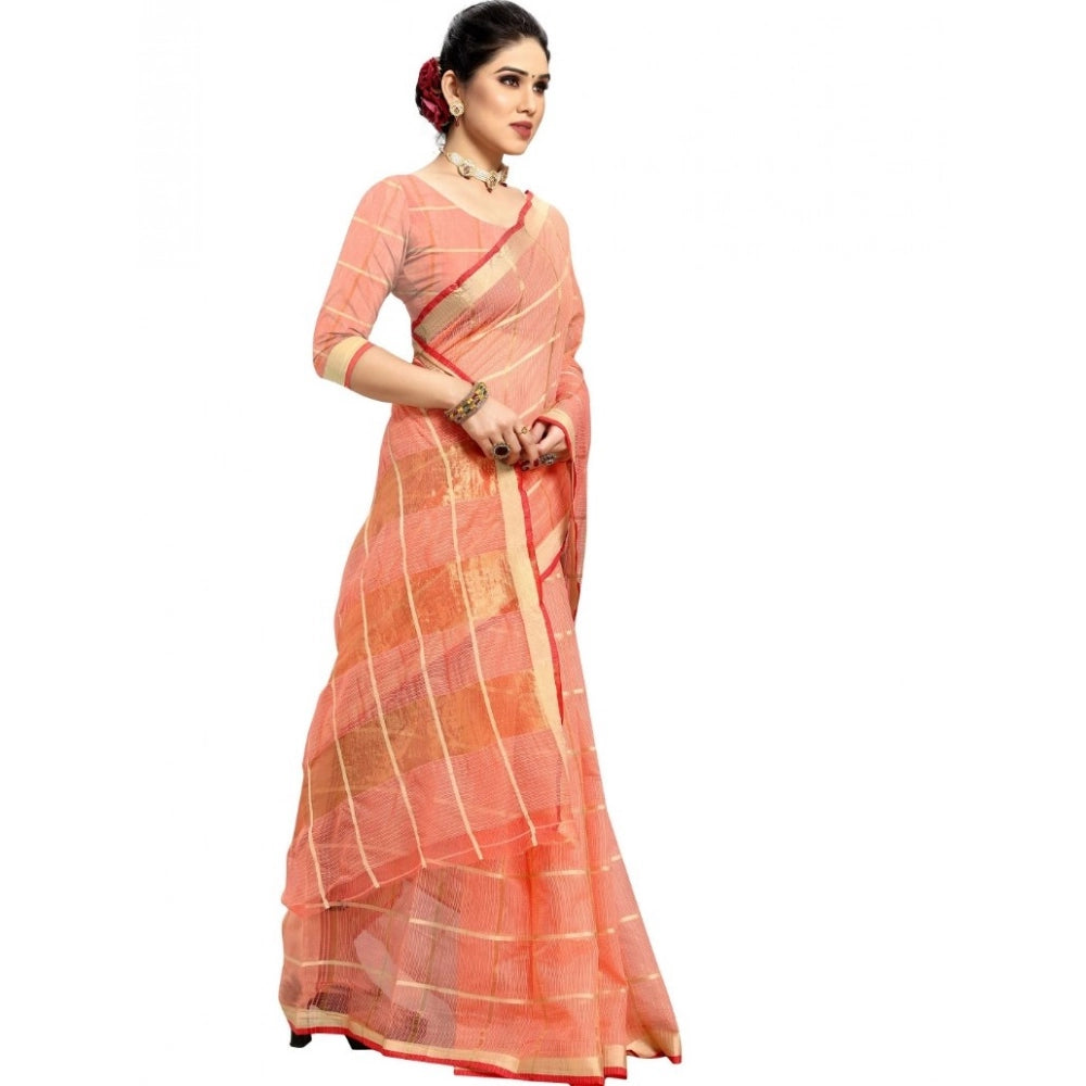 Women'S Kota Doria Cotton Checked Saree With Blouse (Peach, 5