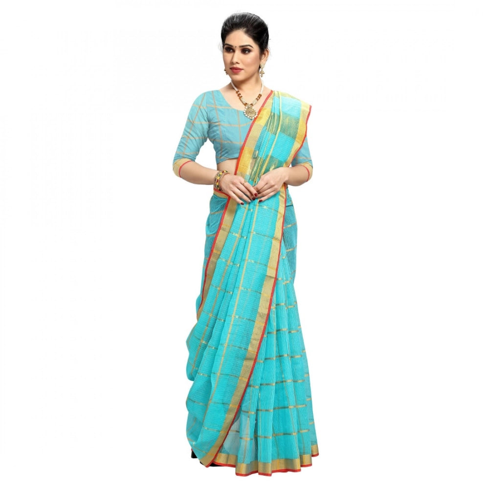 Women'S Kota Doria Cotton Checked Saree With Blouse (Sky Blue,