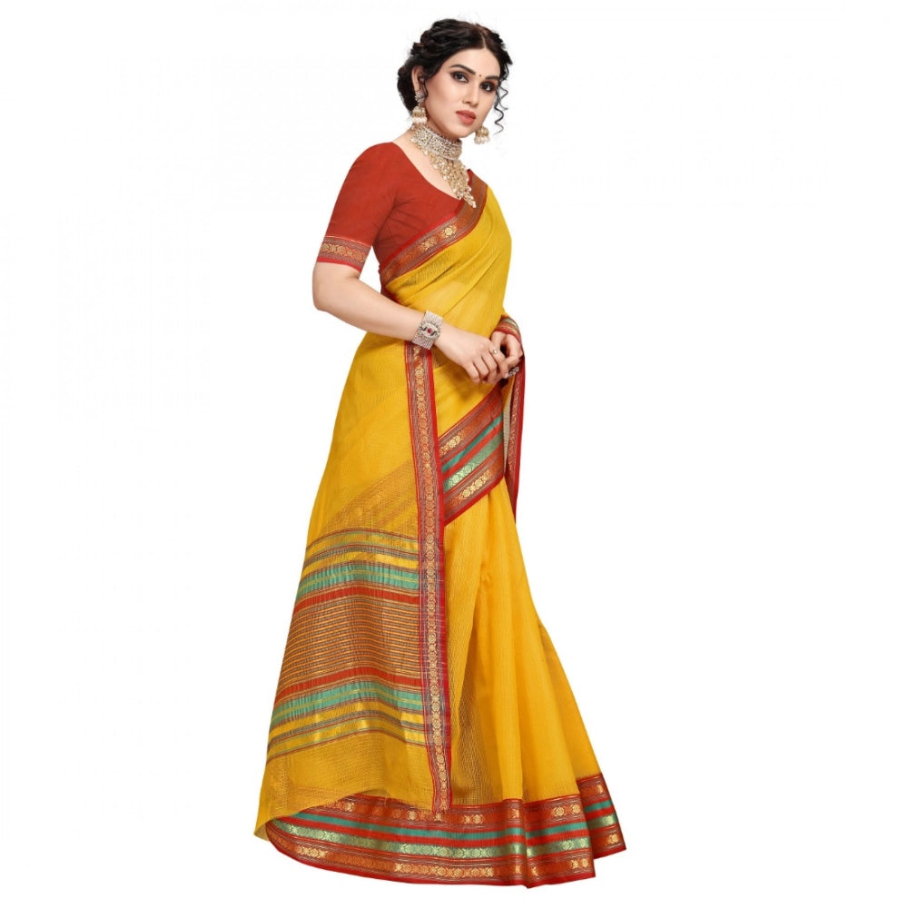 Women'S Kota Doria Cotton Bordered Saree With Blouse (Yellow,