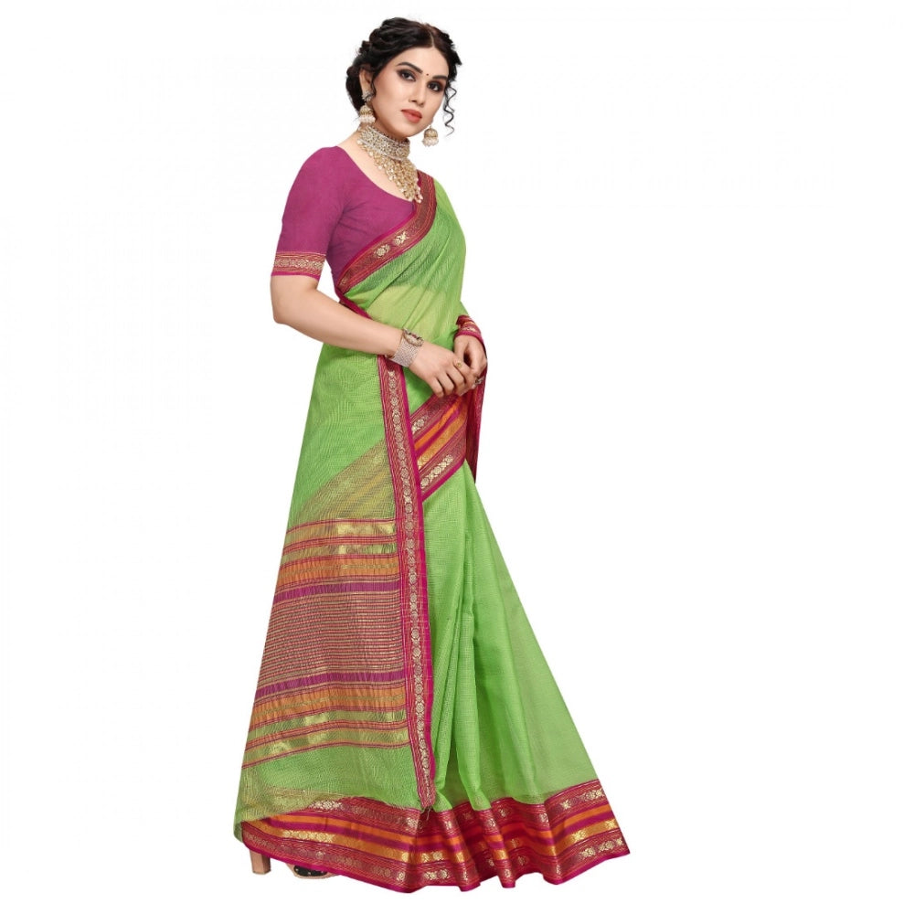 Women'S Kota Doria Cotton Bordered Saree With Blouse (Light Gr