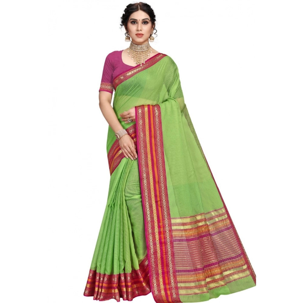 Women'S Kota Doria Cotton Bordered Saree With Blouse (Light Gr