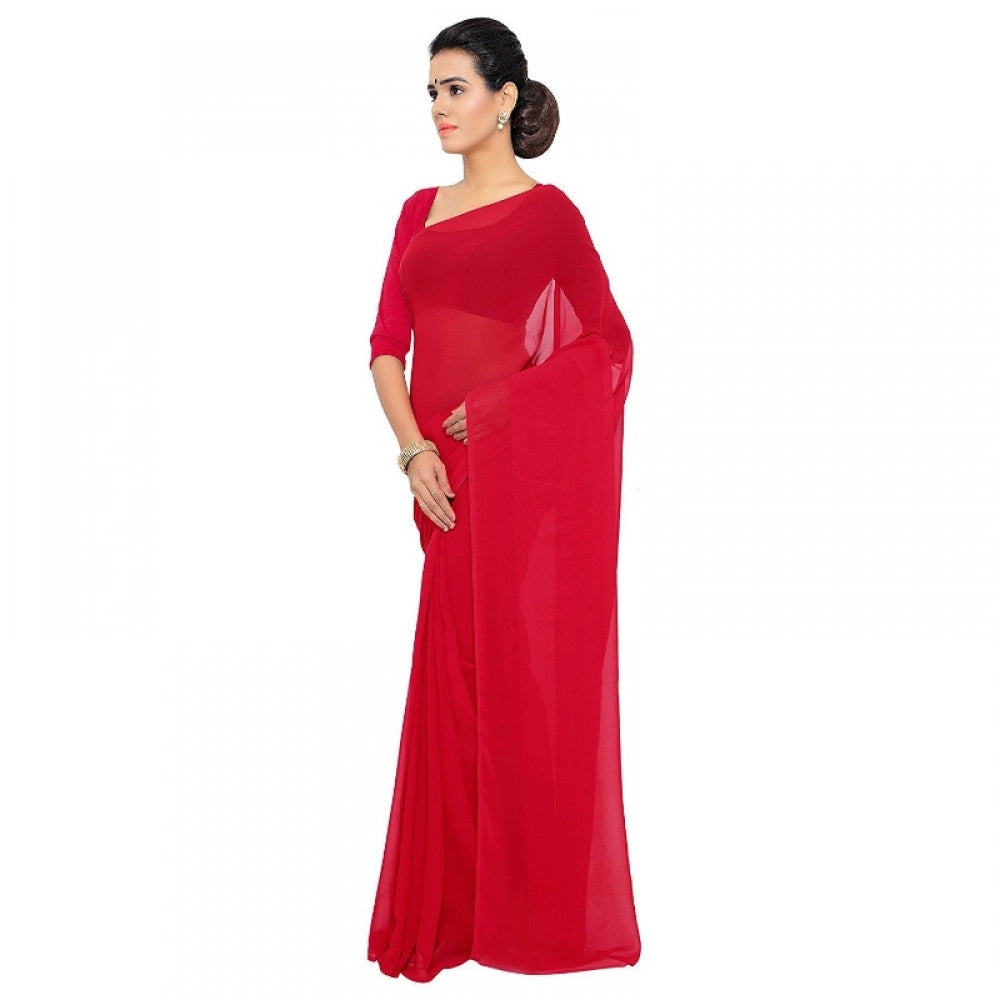 Women'S Georgette Plain Saree With Blouse (Red, 5-6 Mtrs)