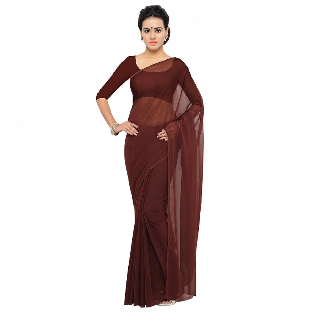 Women's Georgette Plain Saree With Blouse (Coffee, 5 - 6 Mtrs)