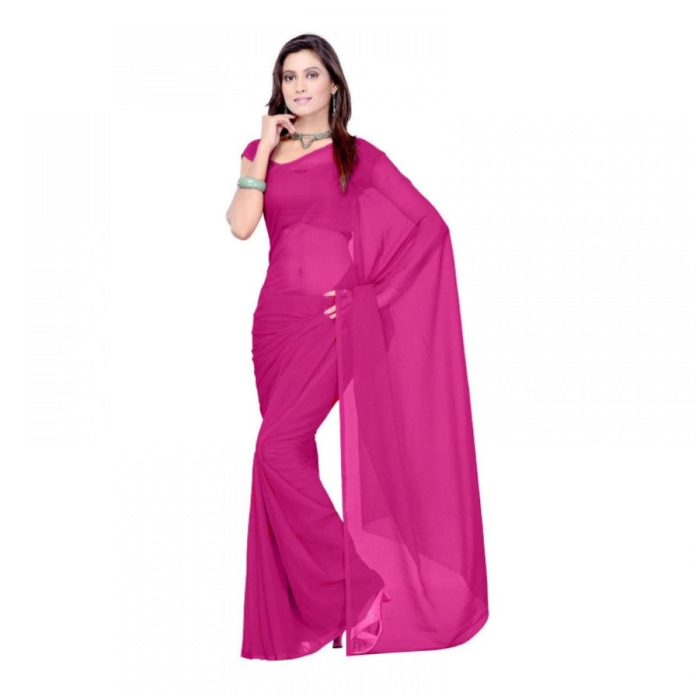 Women'S Georgette Plain Saree With Blouse (Wine, 5-6 Mtrs)