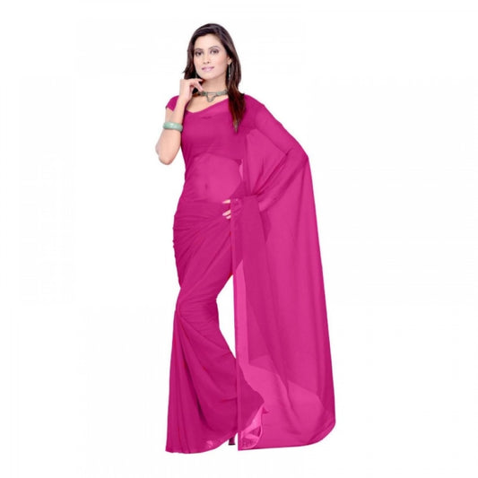 Women'S Georgette Plain Saree With Blouse (Wine, 5-6 Mtrs)