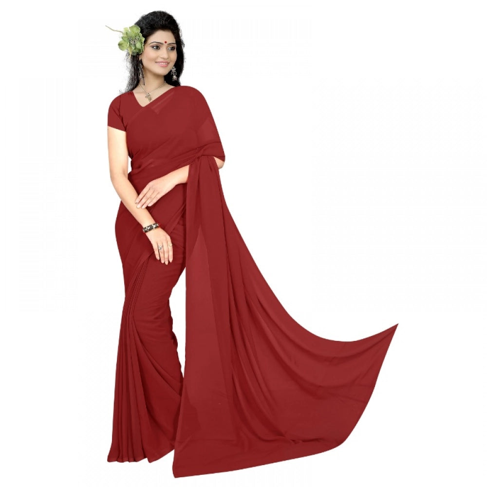 Women'S Georgette Plain Saree With Blouse (Maroon, 5-6 Mtrs)
