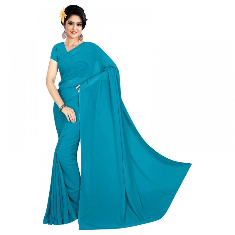 Women's Georgette Plain Saree With Blouse (Dark Firozi, 5-6 Mtrs) - VANSHELLE