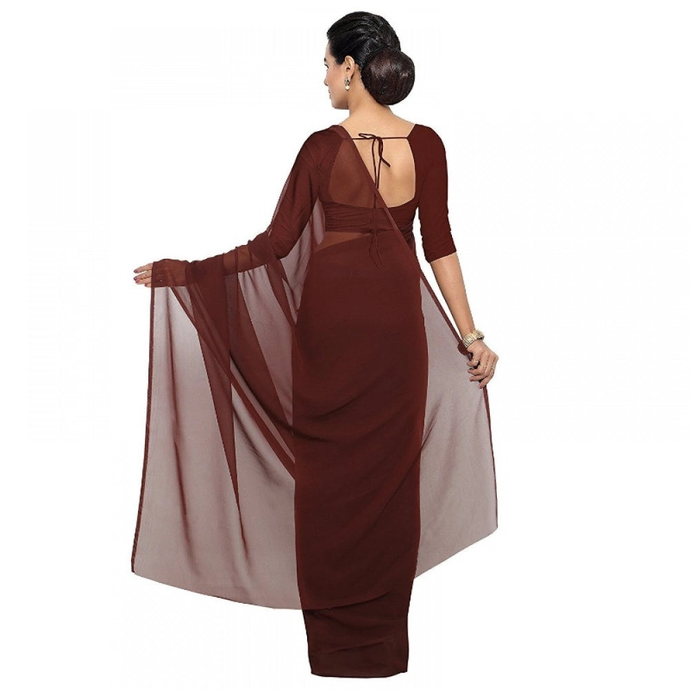 Women's Georgette Plain Saree With Blouse (Coffee, 5 - 6 Mtrs)